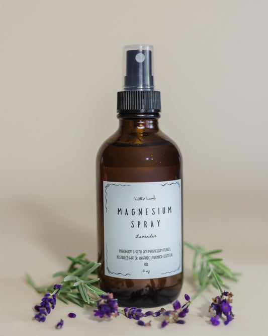Brown spray bottle labeled 'Magnesium Spray' with lavender flowers on a neutral background