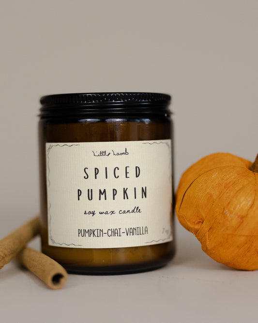 Spiced pumpkin candle with cinnamon sticks and a small pumpkin on a neutral background
