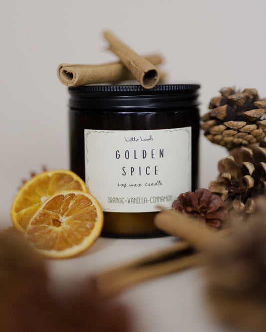 Candle labeled 'Golden Spice' with cinnamon sticks, an orange, and pine cones on a white background
