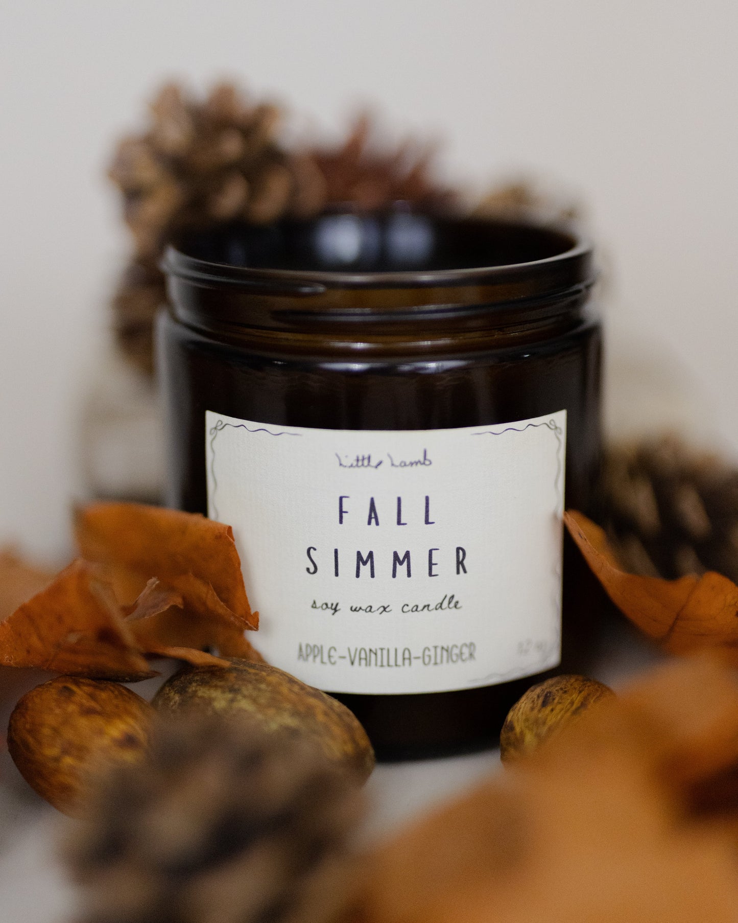 Black candle jar labeled 'Fall Simmer' surrounded by autumnal elements on a light background