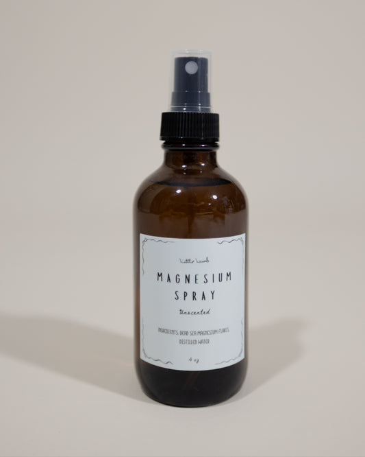 Brown spray bottle labeled 'Magnesium Spray' on a beige background